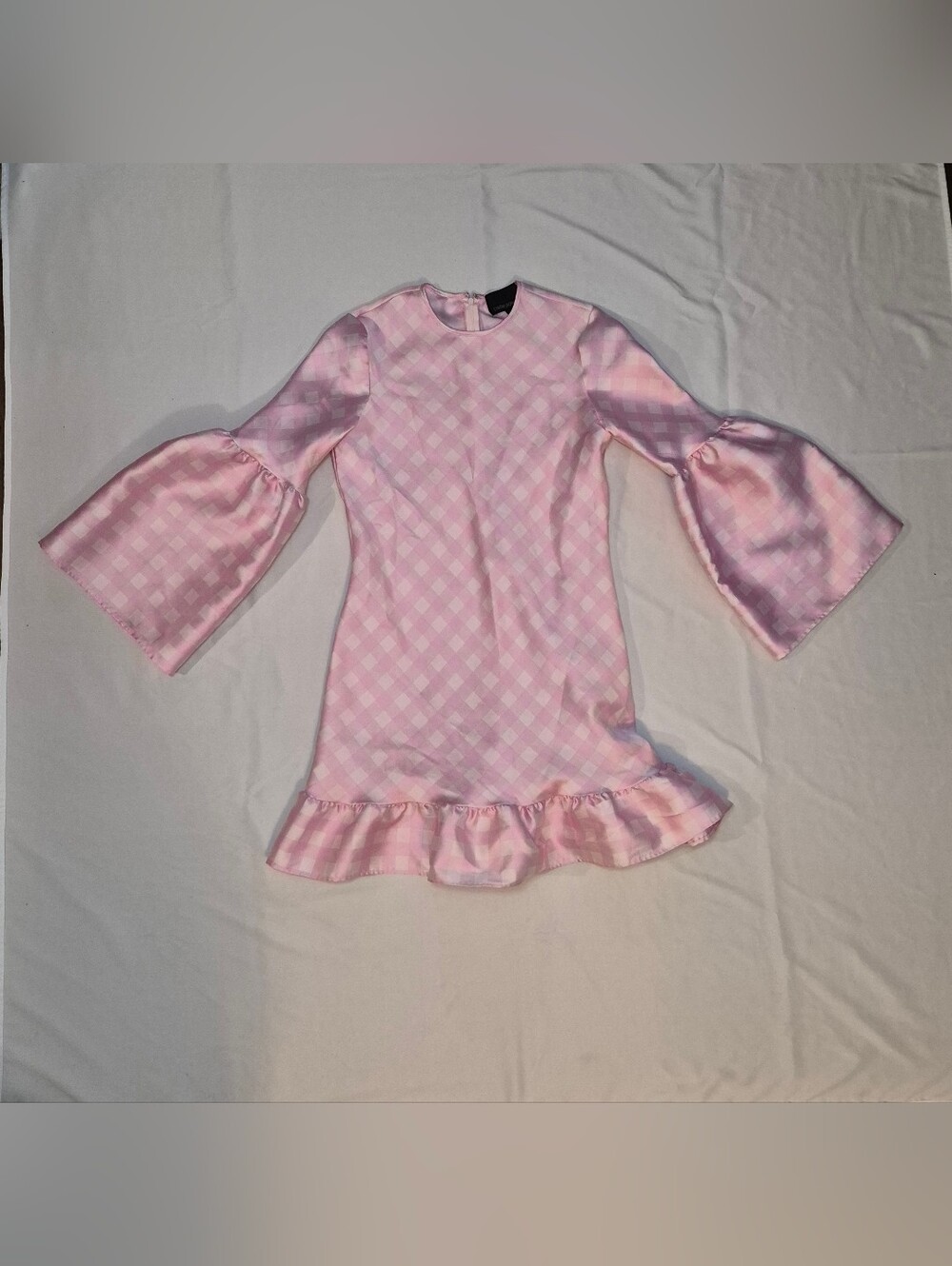 Cynthia Rowley Jane Gingham Bell Sleeve Ruffle Mini Dress Pink Size 10